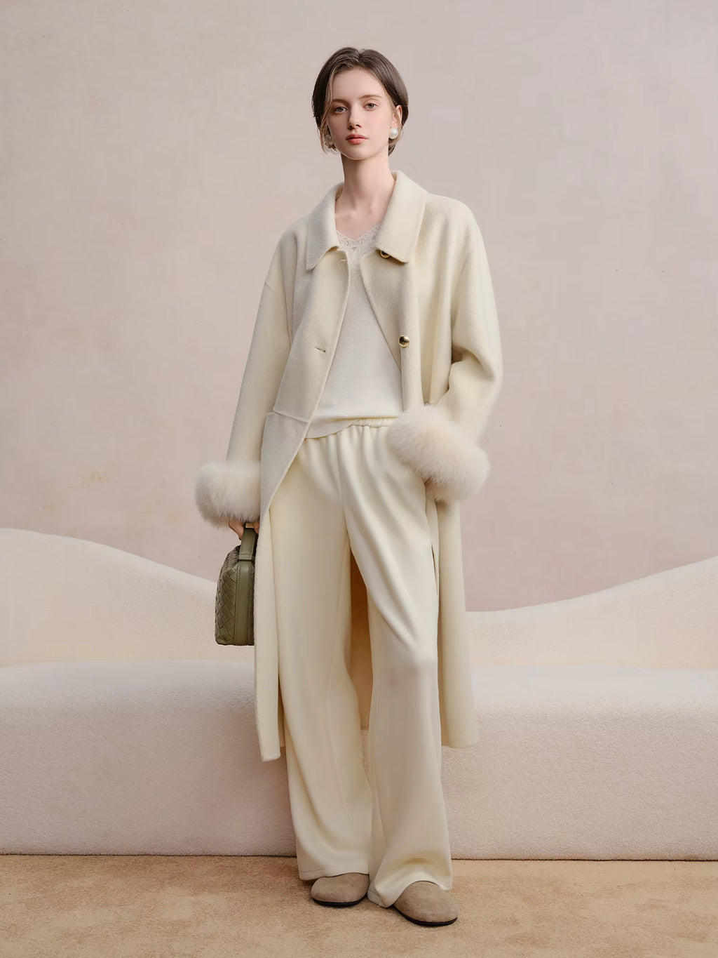 Plus Size Women's Detachable Collar Double Faced Wool Coat 2025 Winter Swan Style Tweed Overcoat Elegant Casual Outerwear