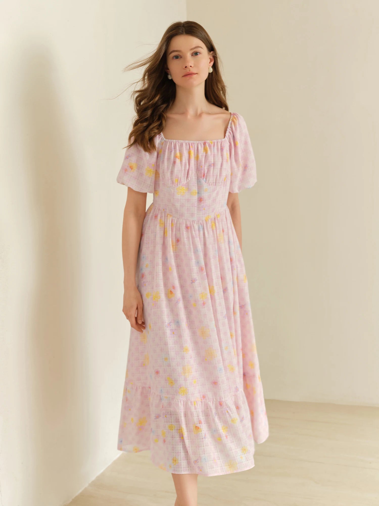 DUSHU 2025 Summer Women's Checkered Sweetheart Dress - Elegant Floral Trim & Curve-Flattering Maxi for Chic Occasions Dress