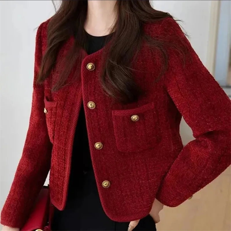 Outerwears Women's Jacket  Women's Jackets New Burgundy Coat Women's Spring and Autumn Temperament Joker Socialite Tweed Coat