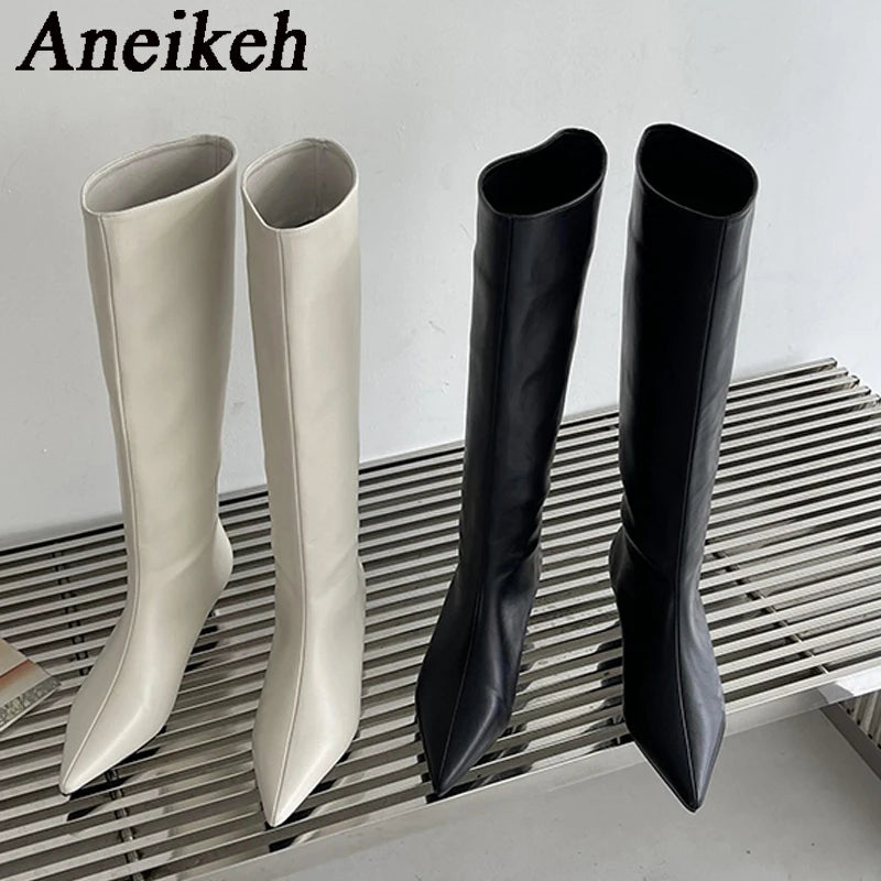 Aneikeh 2024 Fashion Sexy Pointed  Low Heels Knee Long Boots Women's Spring/Autumn PU Sewing Party Ball Western Boots 35-40