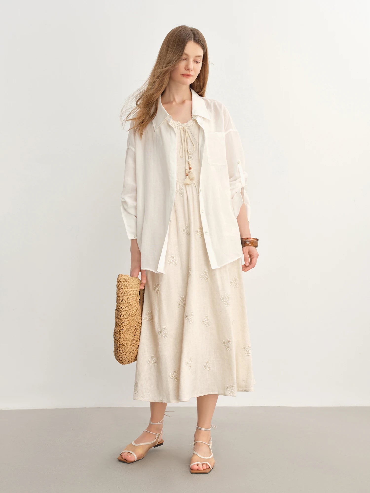 DUSHU Women's Bohemian Lace-up Strappy Long Dress 2025 Summer New Arrival Fashion Temperament Beige Dress