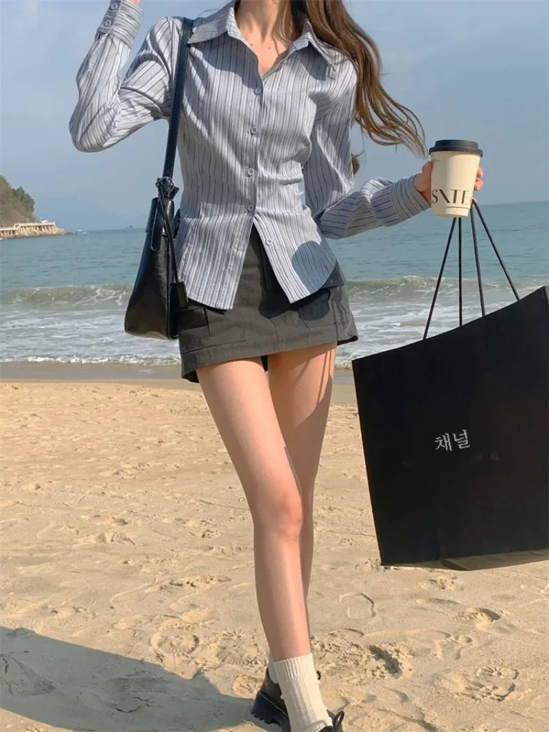 Polo Collar Striped Waist Hugging Design Versatile Top Long Sleeve Blouse