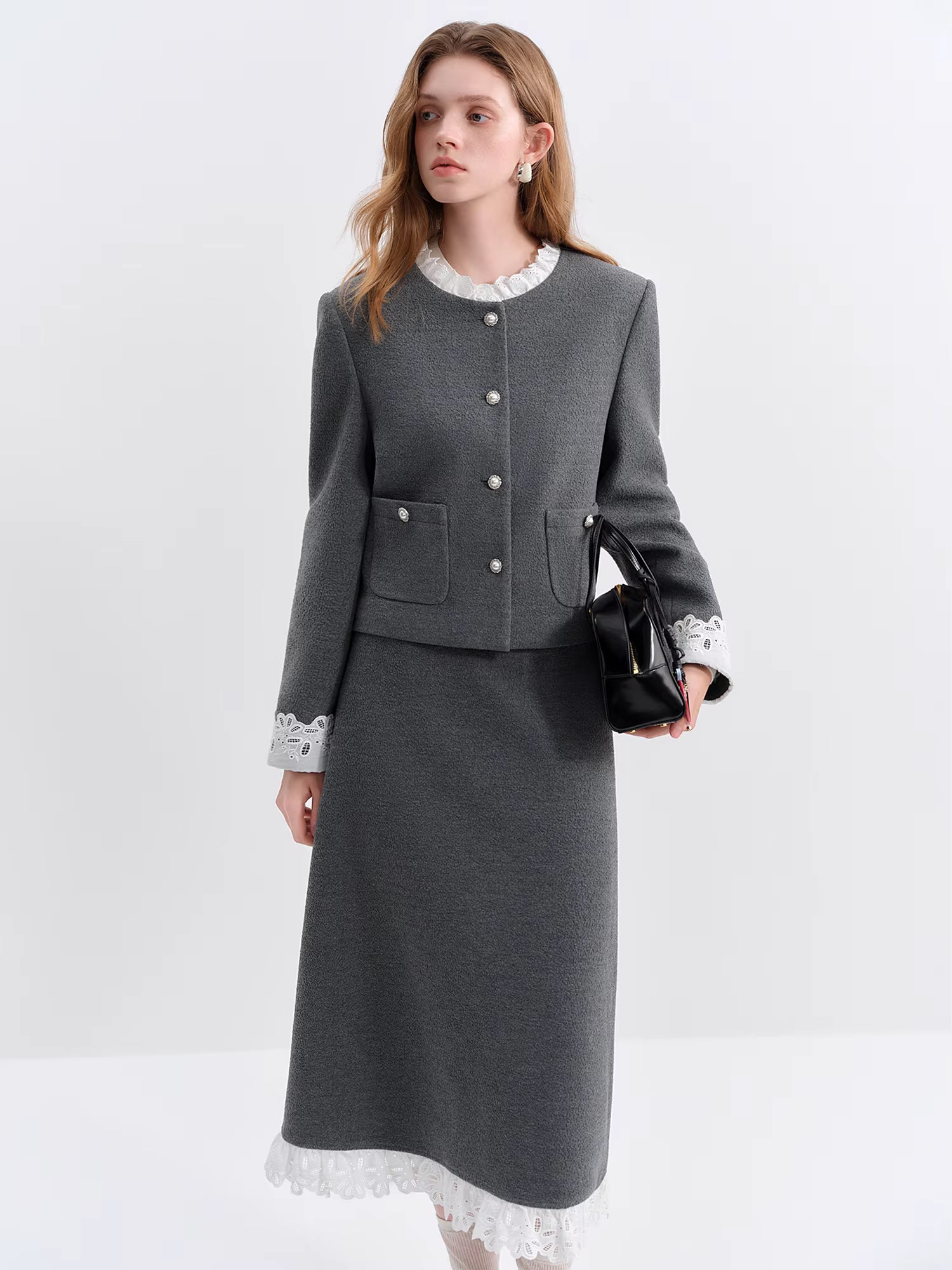 Chic Women's Fall Winter 2025 New Sweet Lace Patchwork Design-Inspired Grey Skirt SetsTwo-Piece Coat and Mini Skirt Set