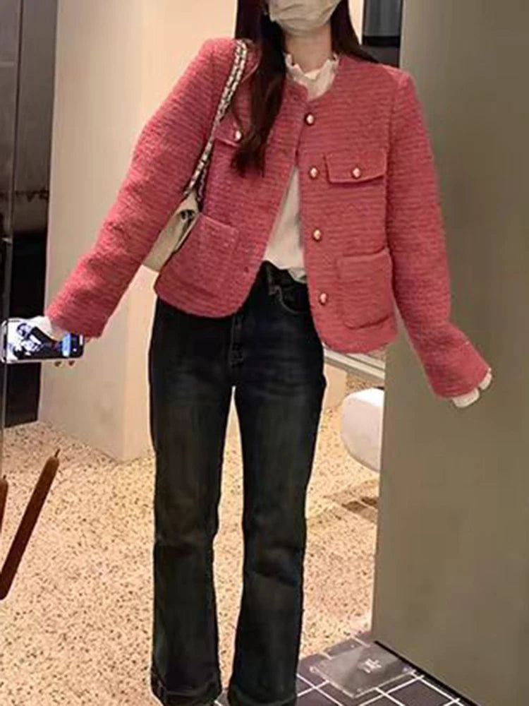 COTVOTEE Jackets for Women Pink Tweed Loose Casual O-Neck Single-breasted Full Sleeve Coat Autumn Korean Style Fashion Jackets