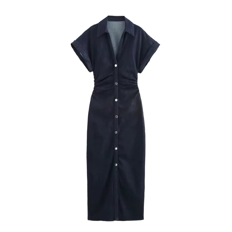 Denim MIDI dress with lapel side zipper fashion wrinkle waist slim elegant dress