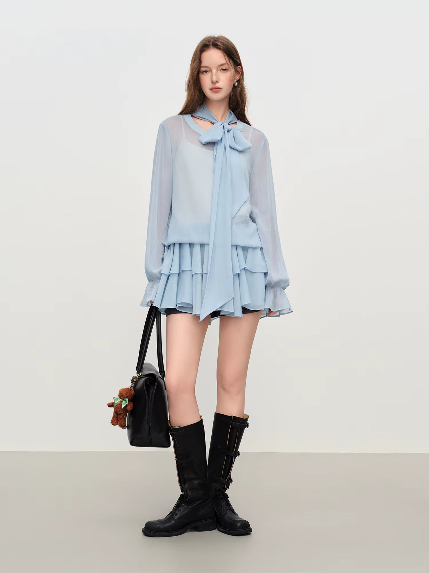 Korean Ballet Style Ruffled T-shirt Women's 2025 Autumn and Winter Chiffon Ribbon Shirt Layered Two-piece Suit