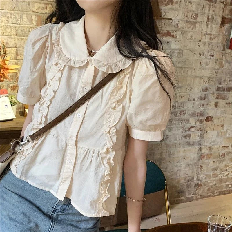 Ruffles Shirts and Blouses Korea Short Sleeve Top Women 2024 Summerpeter Pan Collar Sweet Blouses Cute Elegant Solid Clothes New