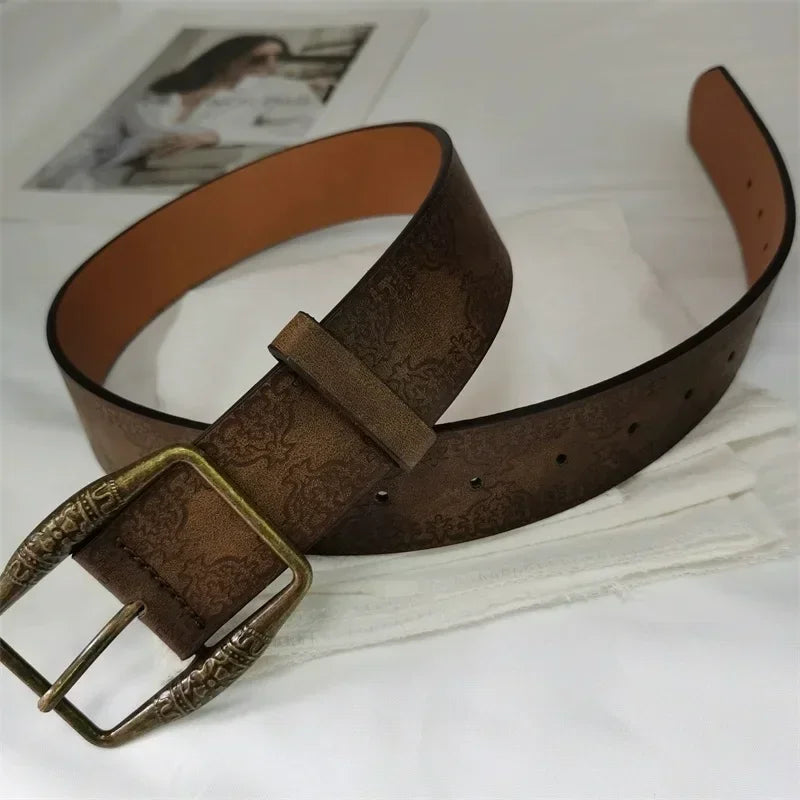Pattern Print Retro Y2K Belts For Women Luxury Designer Brand Buckle Pin Waist Belt Female Pu Leather Hip Hop Fashion Waistband