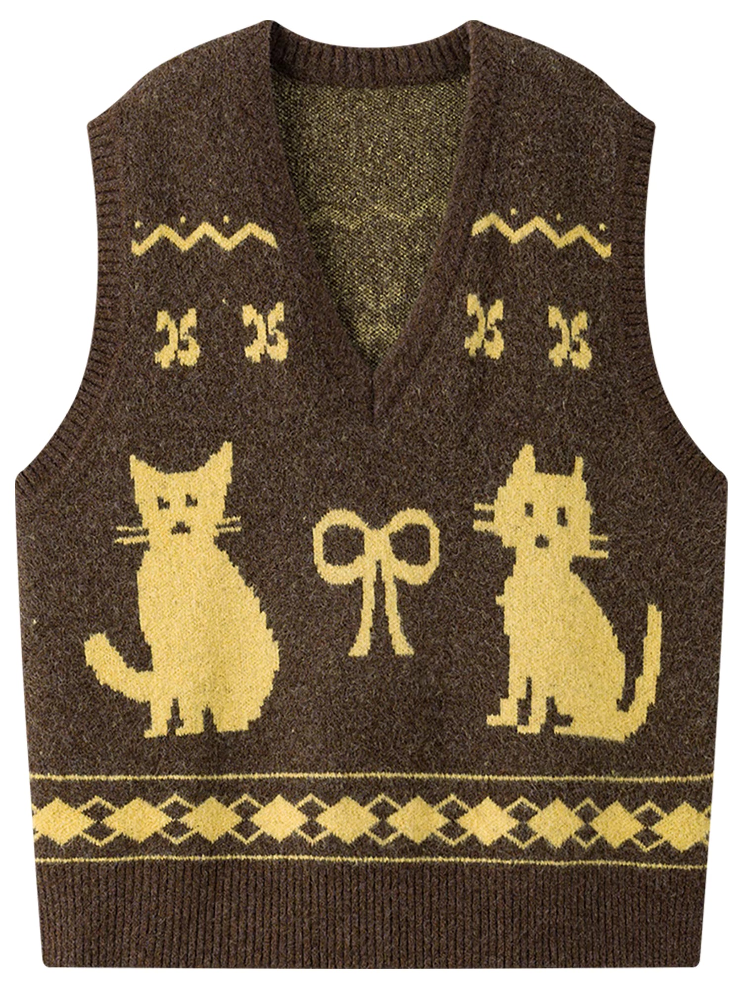 Retro Age-reducing Kitten Jacquard V-neck Knitted Vest Vest for Women Winter 2025 New American Style Vest