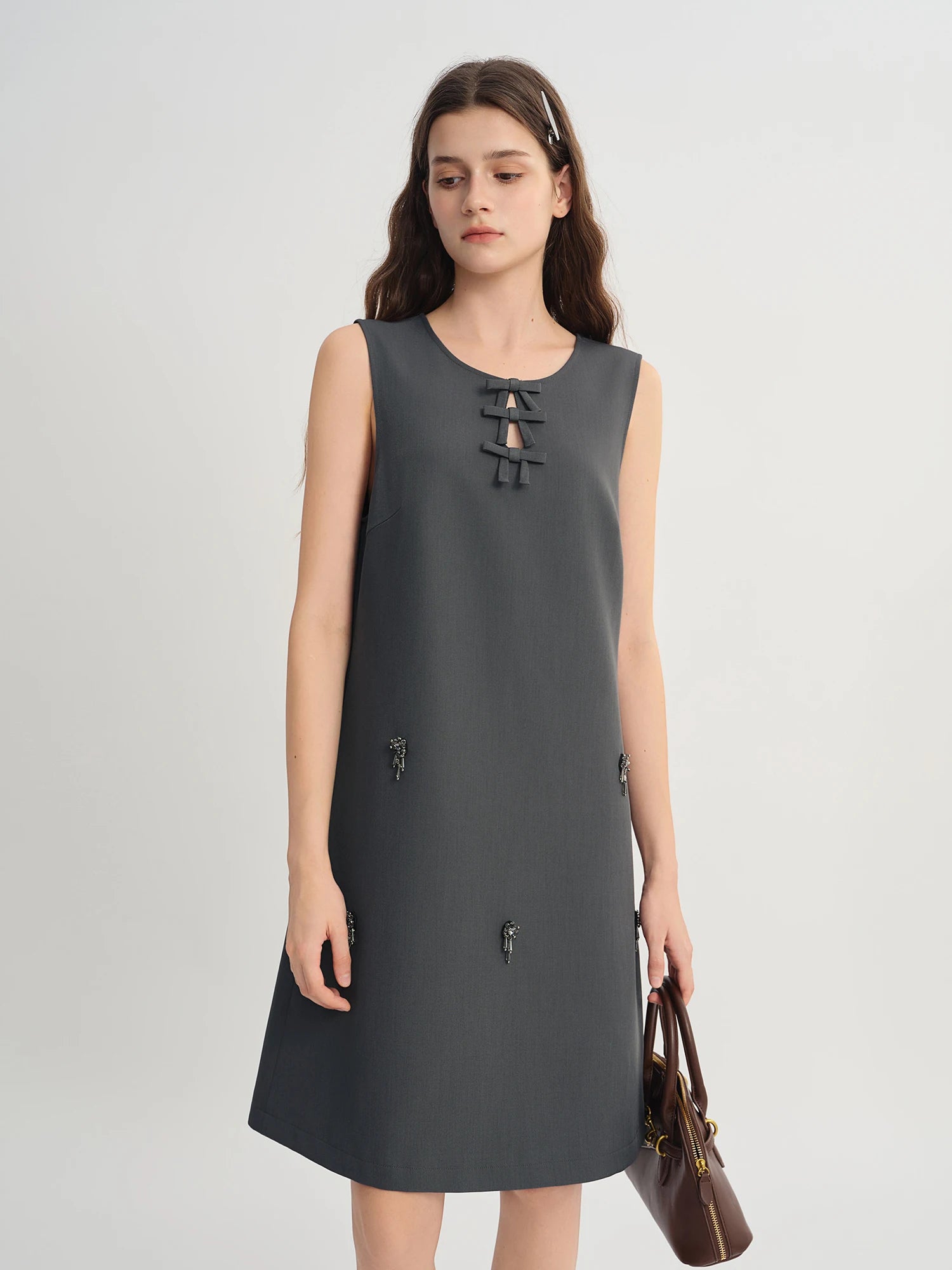Autumn 2025 Women's Embellished Beaded Tank Dress - Bow Accent Layering Staple Versatile Fall Piece Heavy Craft Detailing