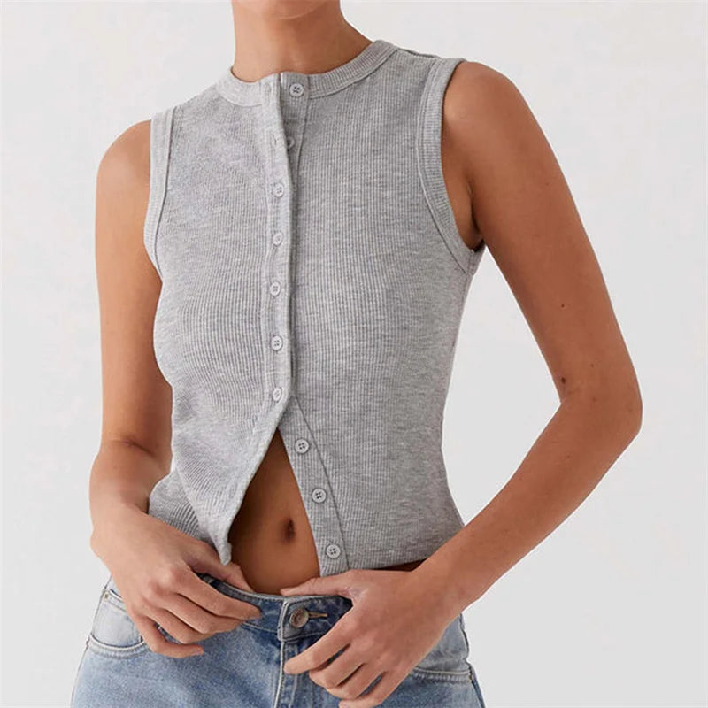 Kpop Vintage Ribbed Women Button Tank Tops Casual Summer Solid Color Sleeveless Crop Tops Basic Vest Y2K Aesthetic Clothes Streetwear