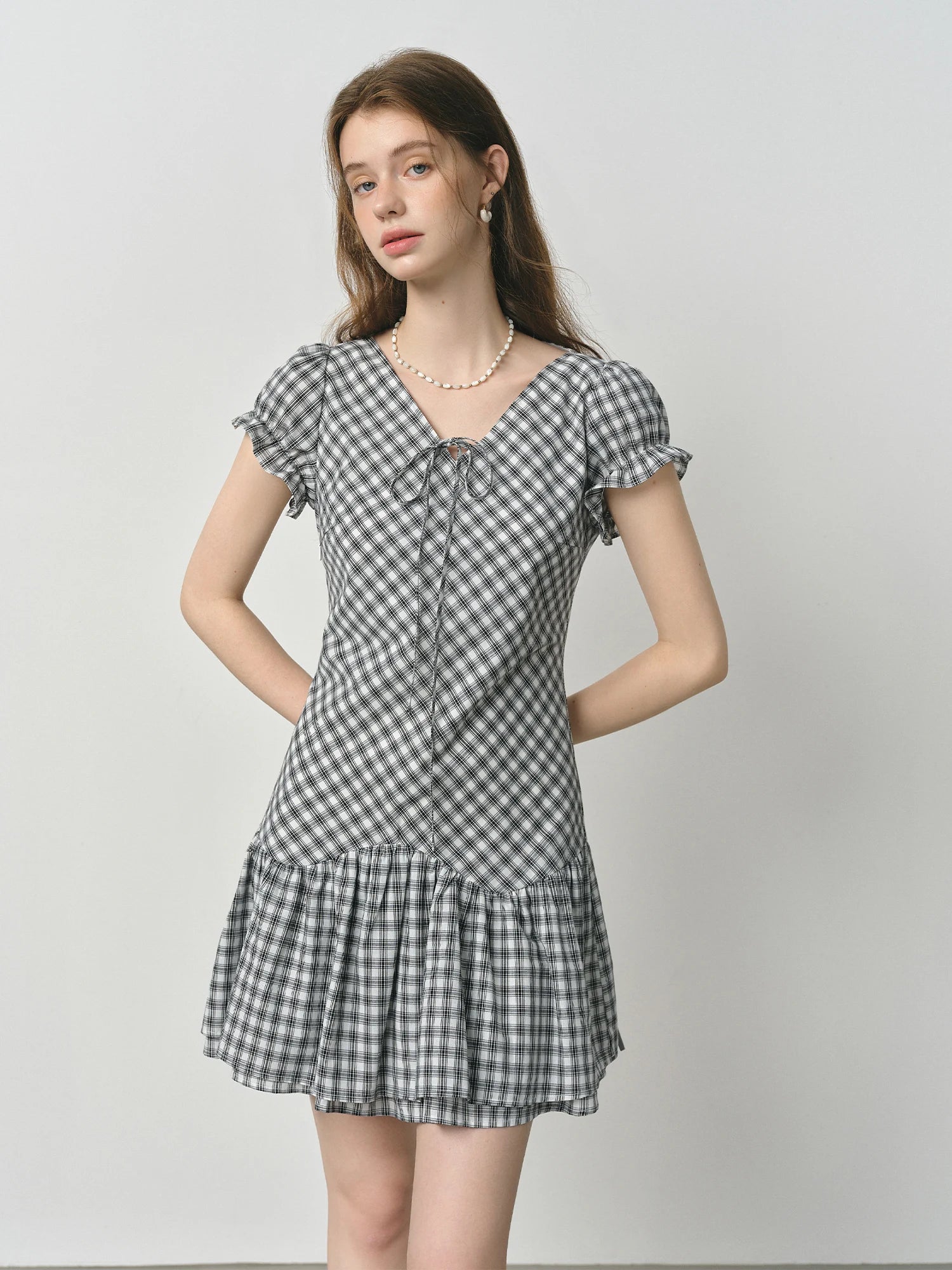 FSLE 2025 Summer Plaid Dress - Black White Textured Ruffle V-Neck Short Flattering Silhouette Office to Party
