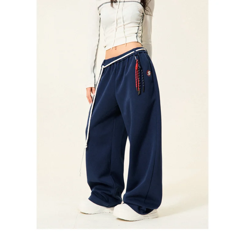 Kpop Vintage Hip-hop Street Dance Wide Leg Pants Women New Trendy Cool Bandage Design Sweatpants Women High Waist All-match Trousers