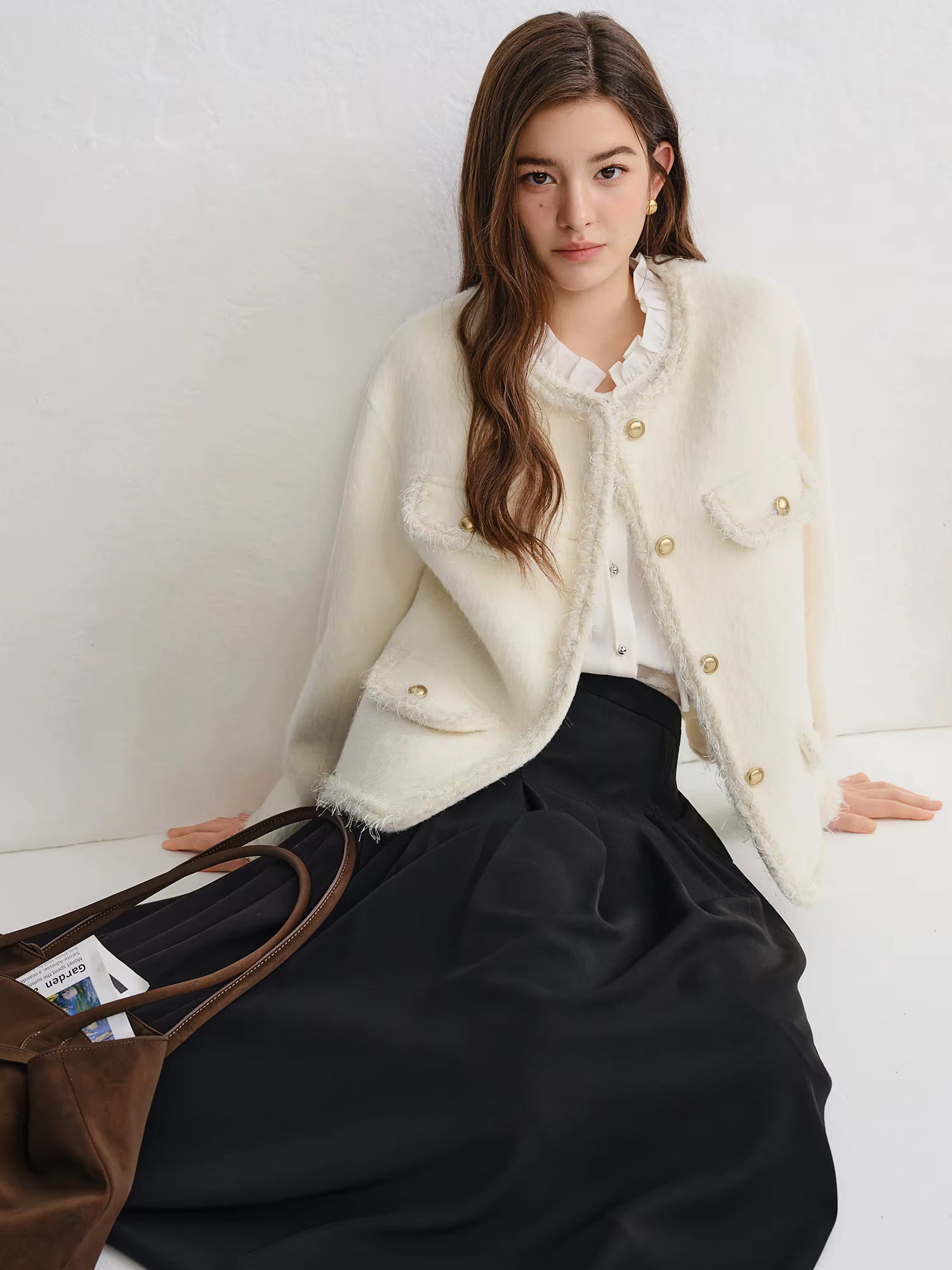 Winter 2025 Women's Alpaca Blend Tweed Coat - Fringed Trim Bouclé Jacket with Classic Collar for Casual Elegance