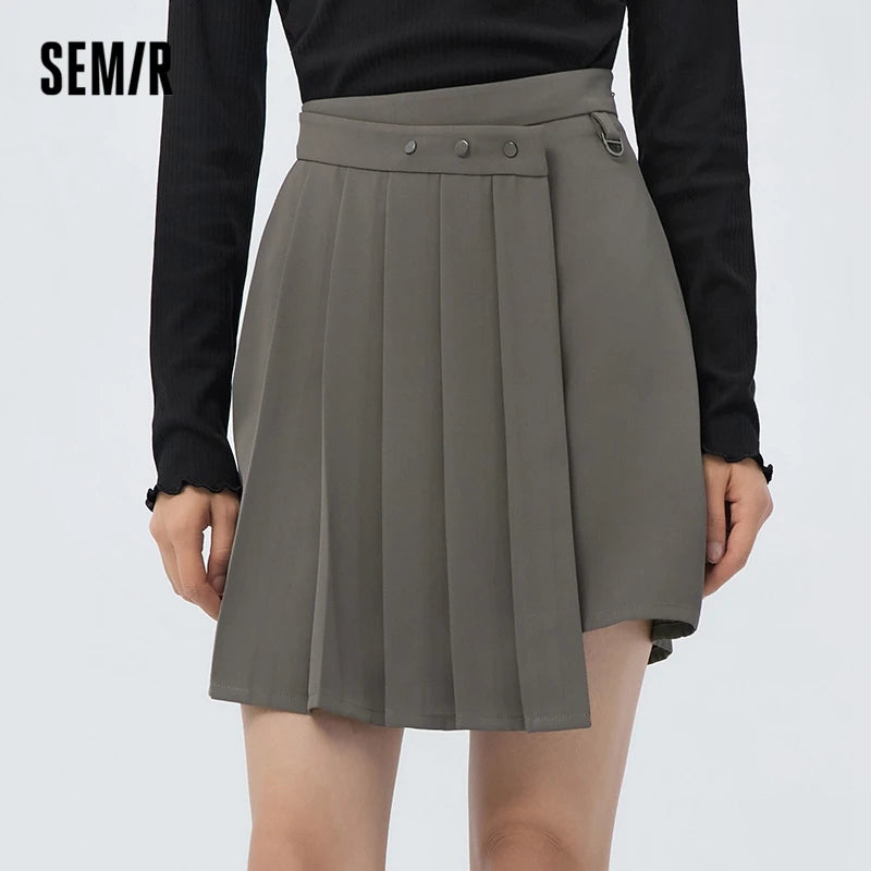 Semir 2023 Women Skirt Spring New Playful Asymmetrical Pleated Skirt Solid Color Sweet Cool A-line Skirt for Women