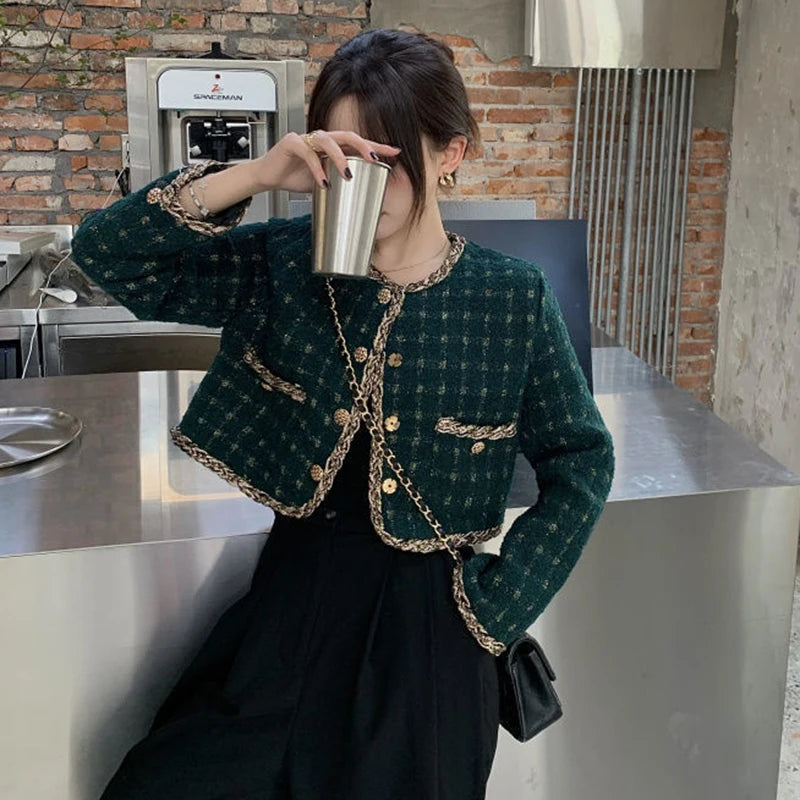 2024 Korea New Arrive Elegant Retro Plaid Short Woolen Jackets Women Autumn Ladies Long Sleeve Metal Single Breasted Tweed Coat