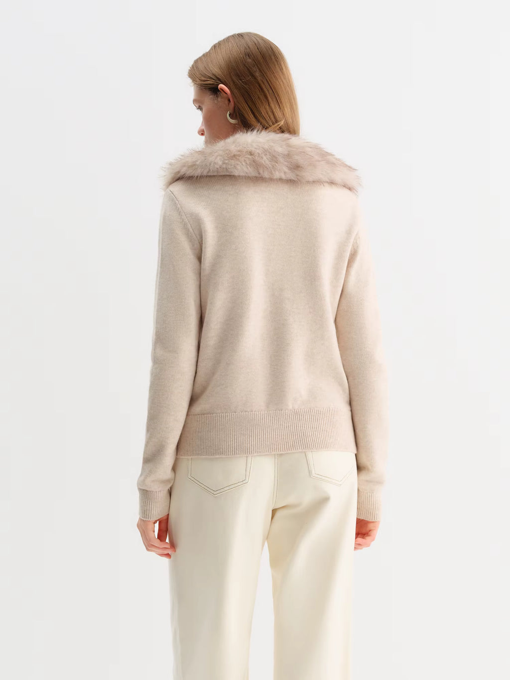 2025 Winter Women's Faux Fur Collar Knit Cardigan Long Sleeve Round Neck Coat Simple Commute Cozy Oversized Open Front