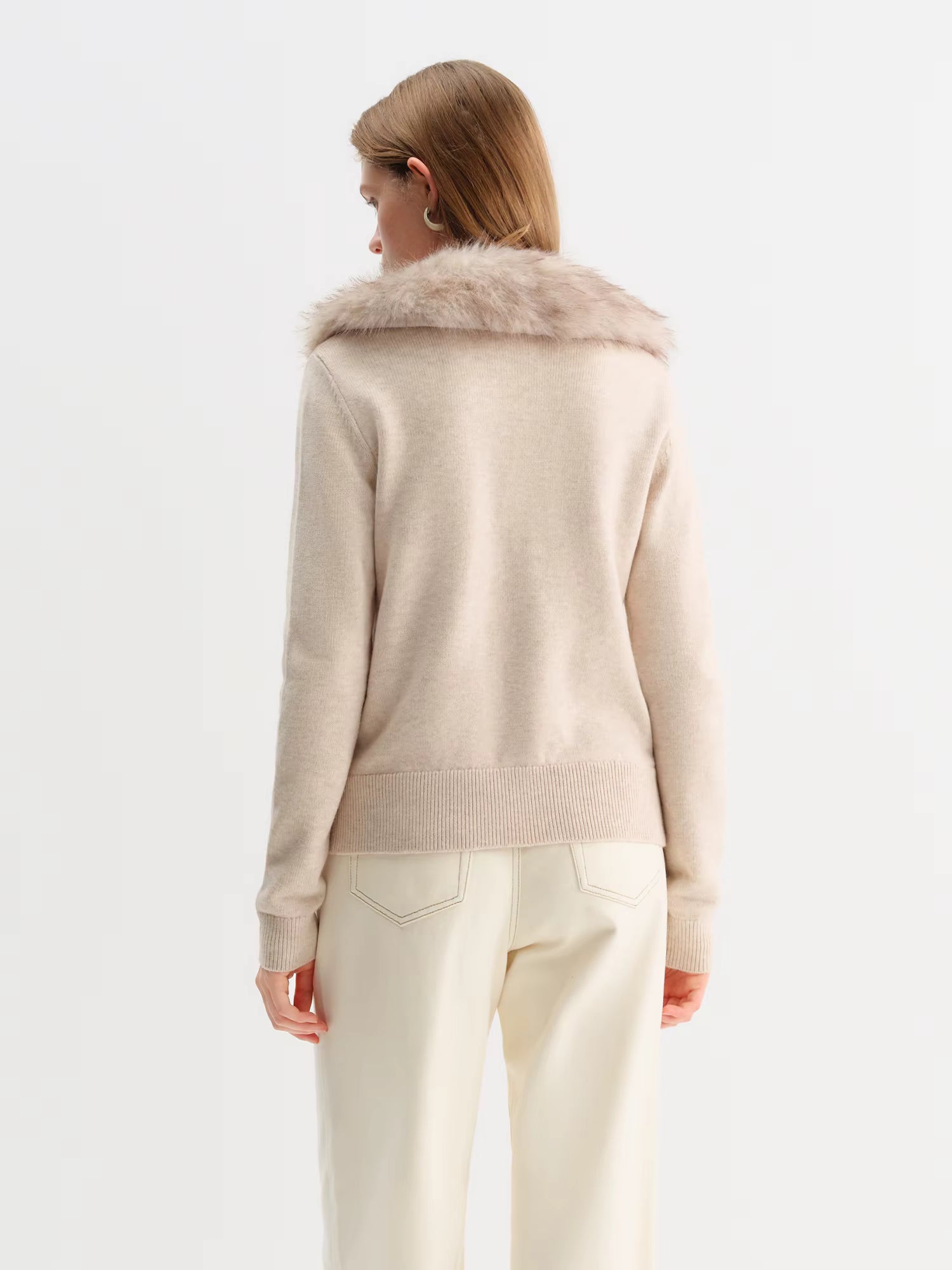 2025 Winter Women's Faux Fur Collar Knit Cardigan Long Sleeve Round Neck Coat Simple Commute Cozy Oversized Open Front