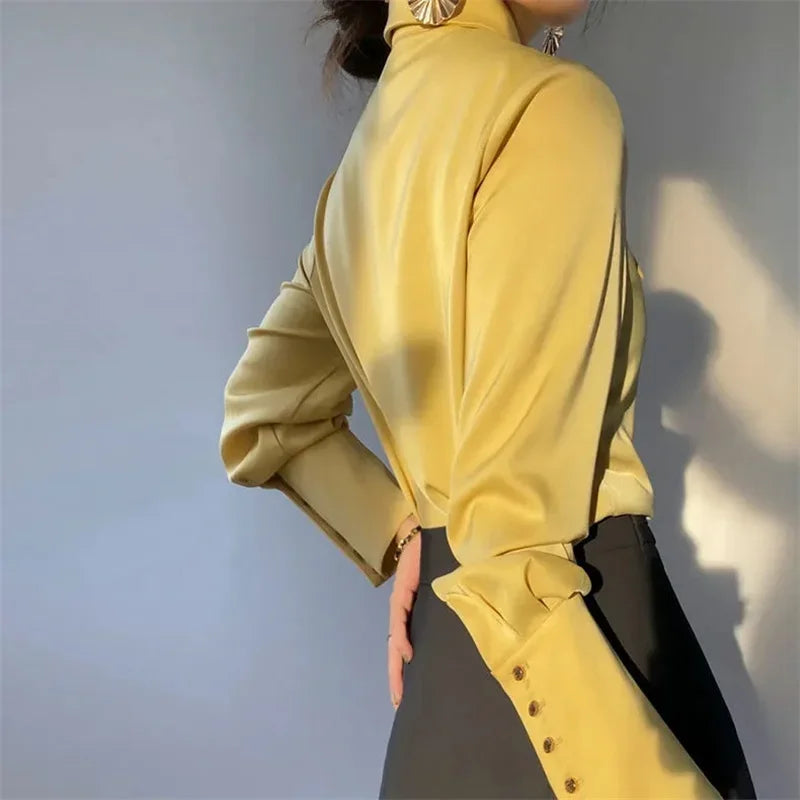Streetwear Design Satin Shirts Blouses Women Korean Smooth Pointed Collar Camisas Casual Chic Office Tops New Long Sleeve Blusas