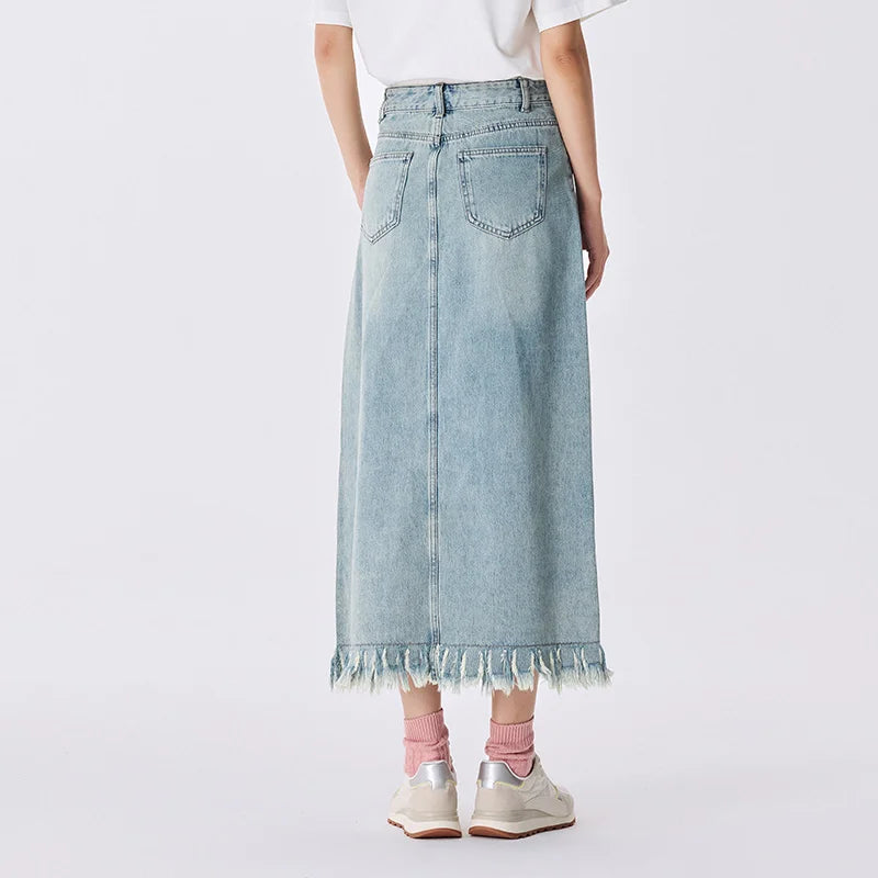 Semir Denim Skirt Women Distressed Trendy Personality Trendy Cool Autumn Street Retro Style Frayed Edge Slit Straight-Leg Skirt