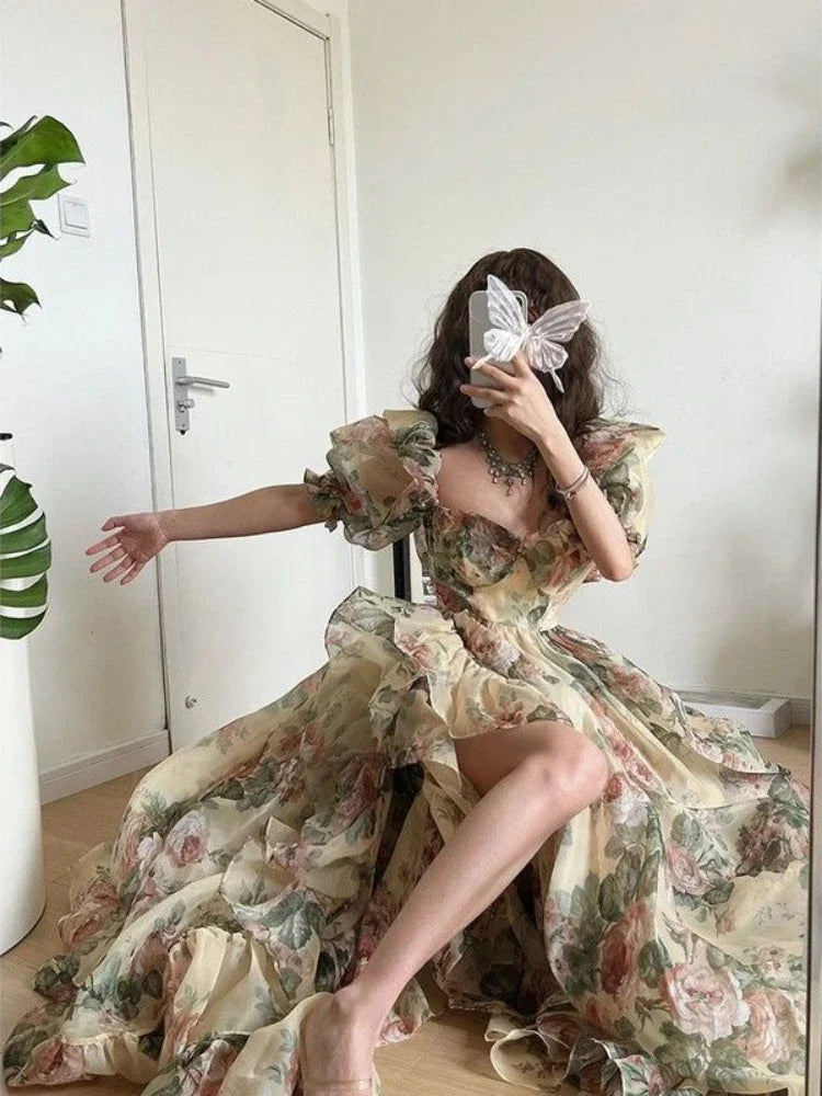 Floral Print Puff Sleeve Elegant Princess Evening Party Dress