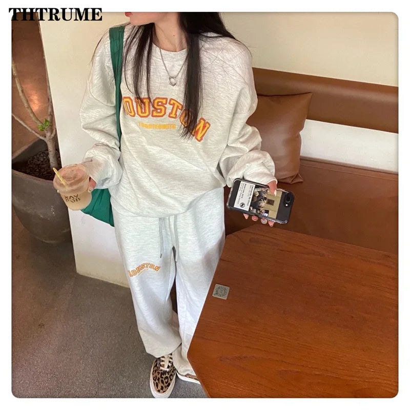 Fashion Women Chic Two Piece Sets Elegant Letter Print Long Sleeve Hoodies Tops High Waist Pant Outfits Casual Loose Streetwear