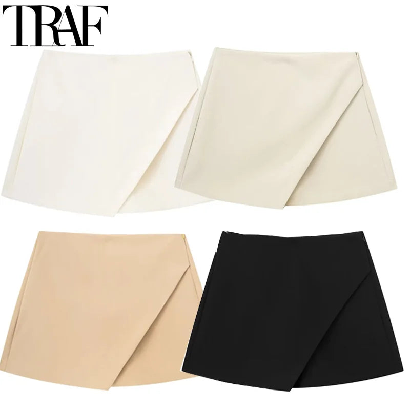 TRAF Skort For Women High Waist White Black Skirt Pants Woman Summer 2024 Asymmetric Khaki Skirt Shorts Casual Women's Skort