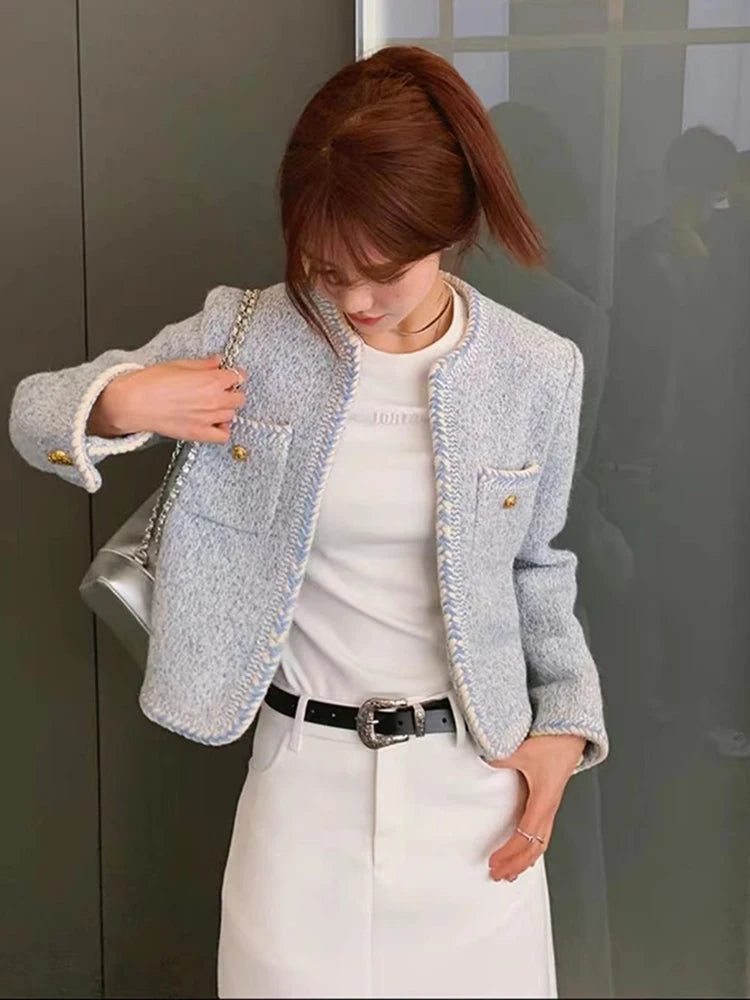 Zoki French Sweet Women Tweed Jacket Elegant Buttons Faux Wool High Quality Coat Fashion New Long Sleeve Casual Female Outwear