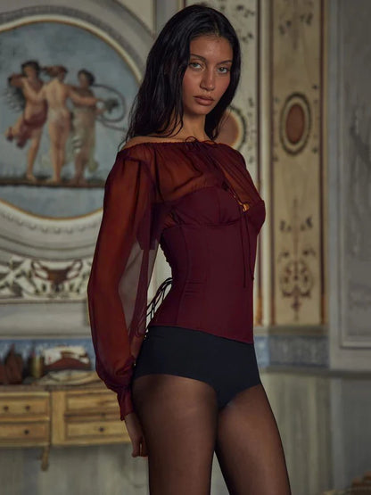 Mozision Wine Red Chiffon Long Sleeve Sexy T-shirt Women Fashion Elegant Lace-up Backless High Waist T-shirts Tops Loose Tees