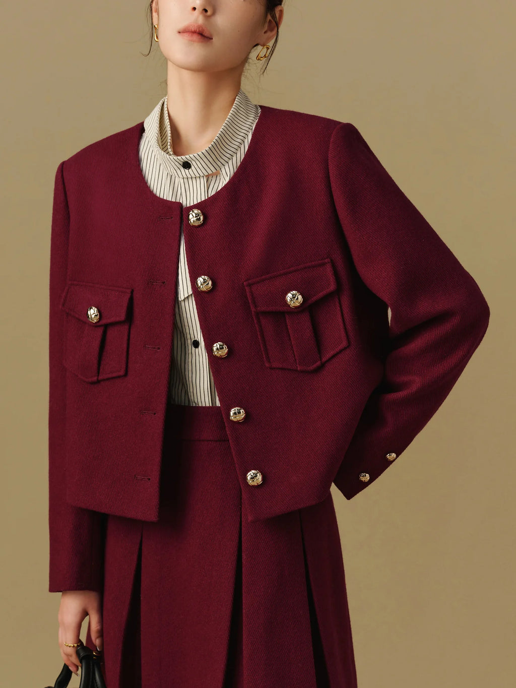 DUSHU Women Winter Skirt Sets Red Tweed Short 47.4% Wool Coats Zipper Waist Female Mini Pleated Skirt 24DS84428+24DS84513