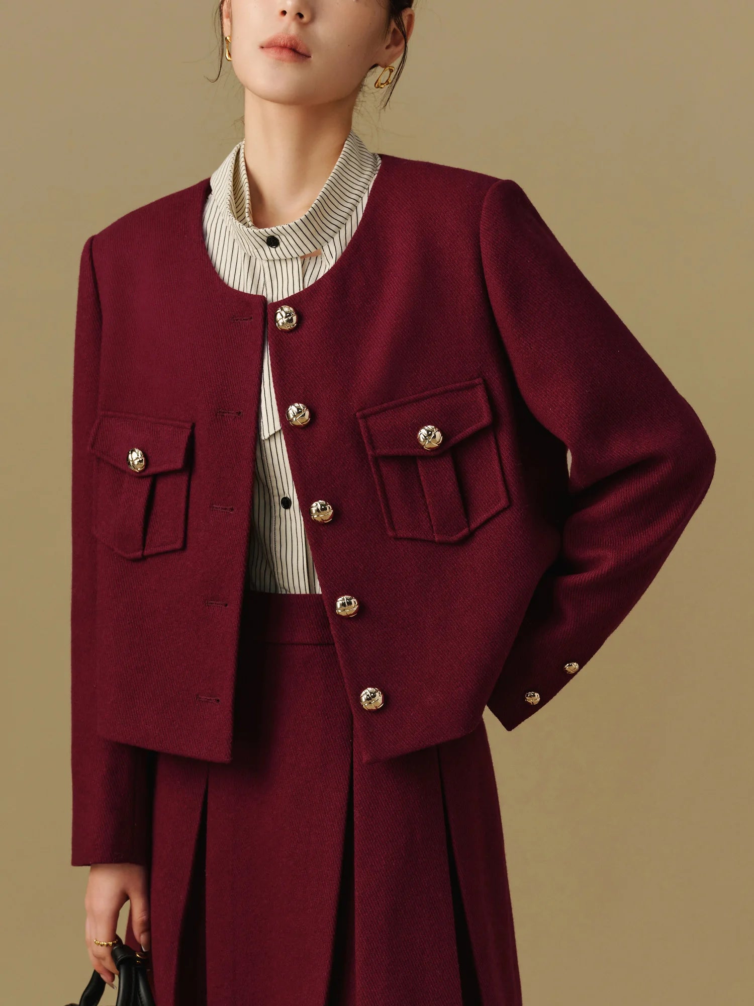 DUSHU Women Winter Skirt Sets Red Tweed Short 47.4% Wool Coats Zipper Waist Female Mini Pleated Skirt 24DS84428+24DS84513