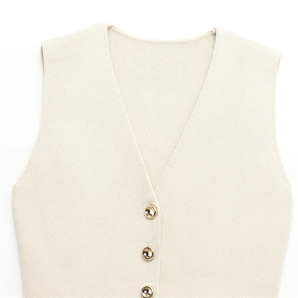 Women's Elegant Button-Down Vest & Pleated Maxi Skirt Set