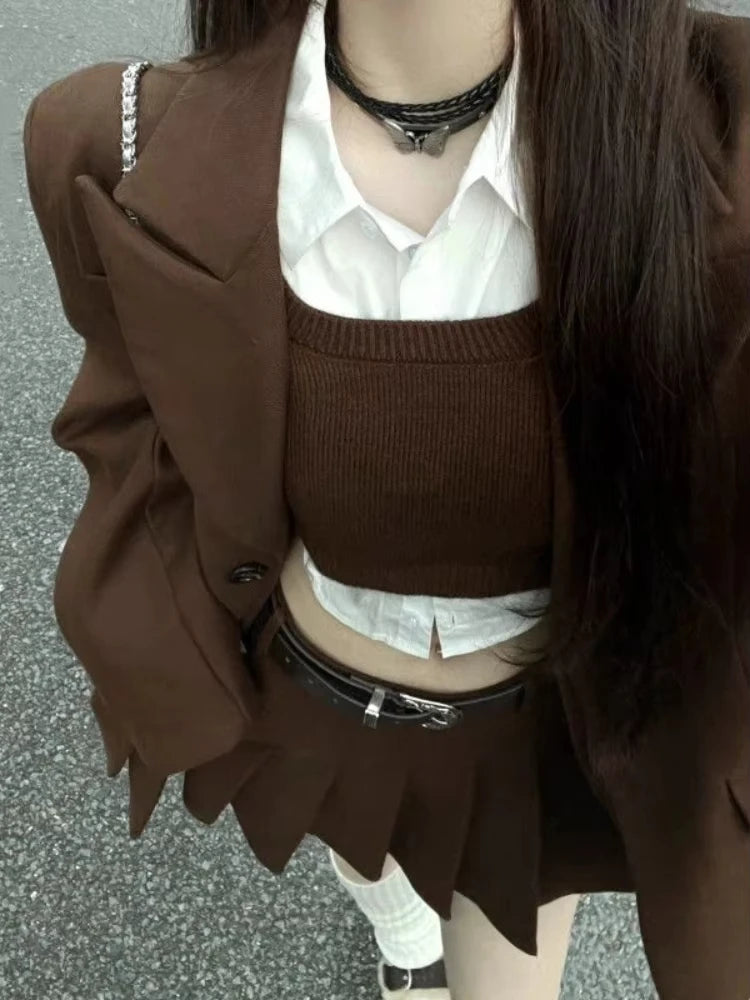Fashion Vintage Loose Knit 4 Pieces Set Women Design Elegant Solid Lapel Long Sleeve Tops Female + High Waist Ruffle Short Skirt