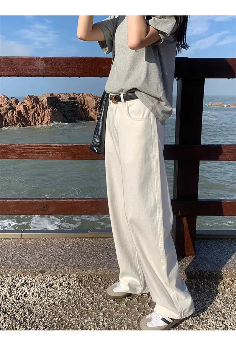 Loose White Wide Leg Jeans Women Drape High Waist Straight Wide Leg Pants Mopping Pants