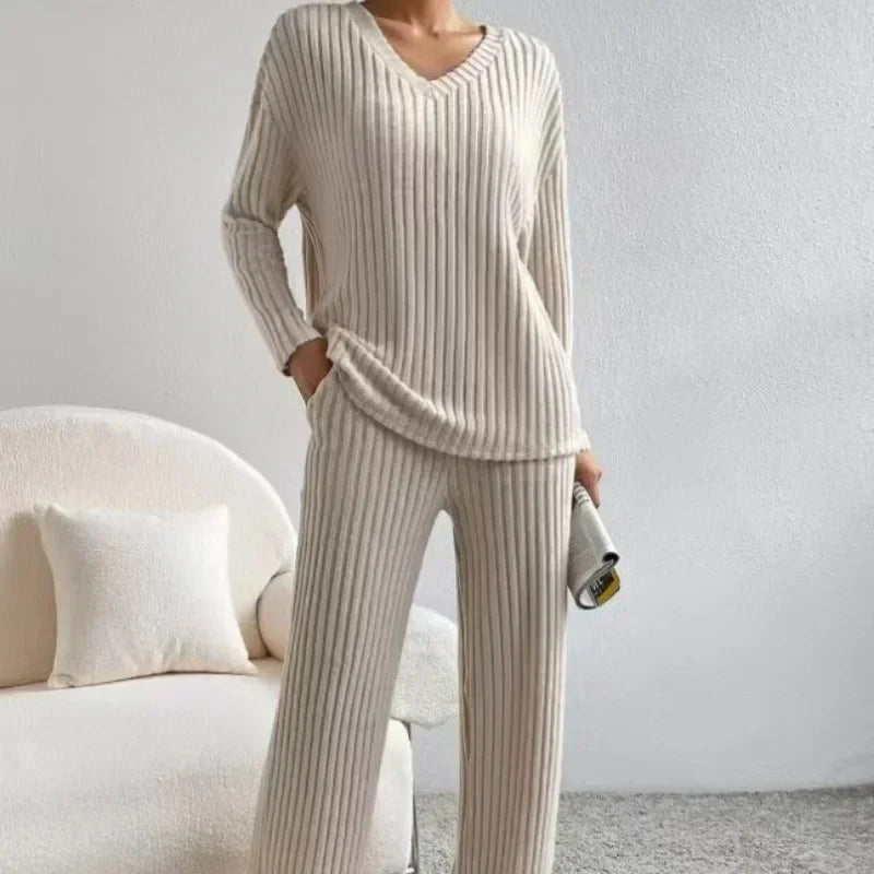 Women's Pajamas Autumn Winter New Casual Straight Pants Pullover Sleepwear Loose V Neck Knitted Home Wear Two Piece Loungewear