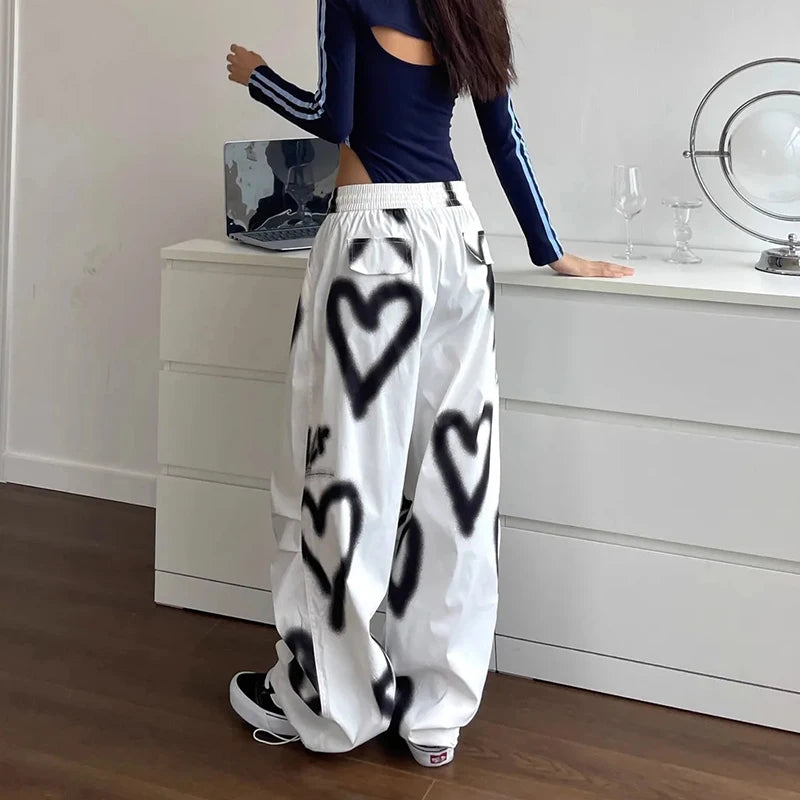 Y2K Love Graffiti Wide Leg Pants Women High Waist Streetwear Loose Drawstring Jogging Trousers Female Korean Casual Sweatpants