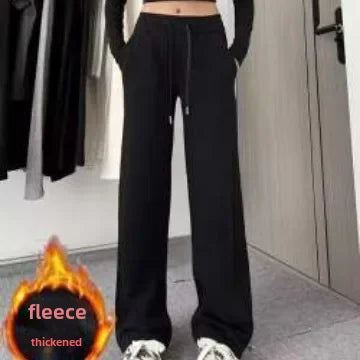 American Style High-waisted Slimming Wide-leg Pants For Women Casual Fleece-lined Thickened Petite Autumn/winter Trousers