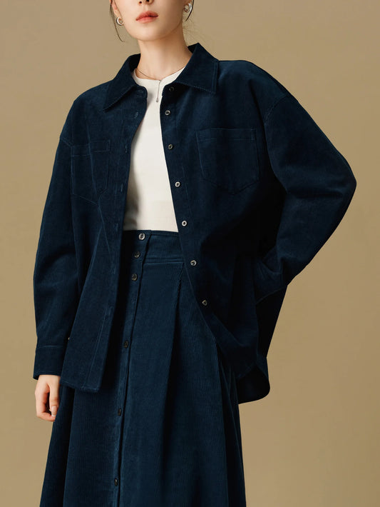 DUSHU Women Corduroy Shirt Skirt Sets Winter Dark Blue Thicken Long Sleeve Blouse Long A-LINE Skirts 24DS84272＋24DS84607