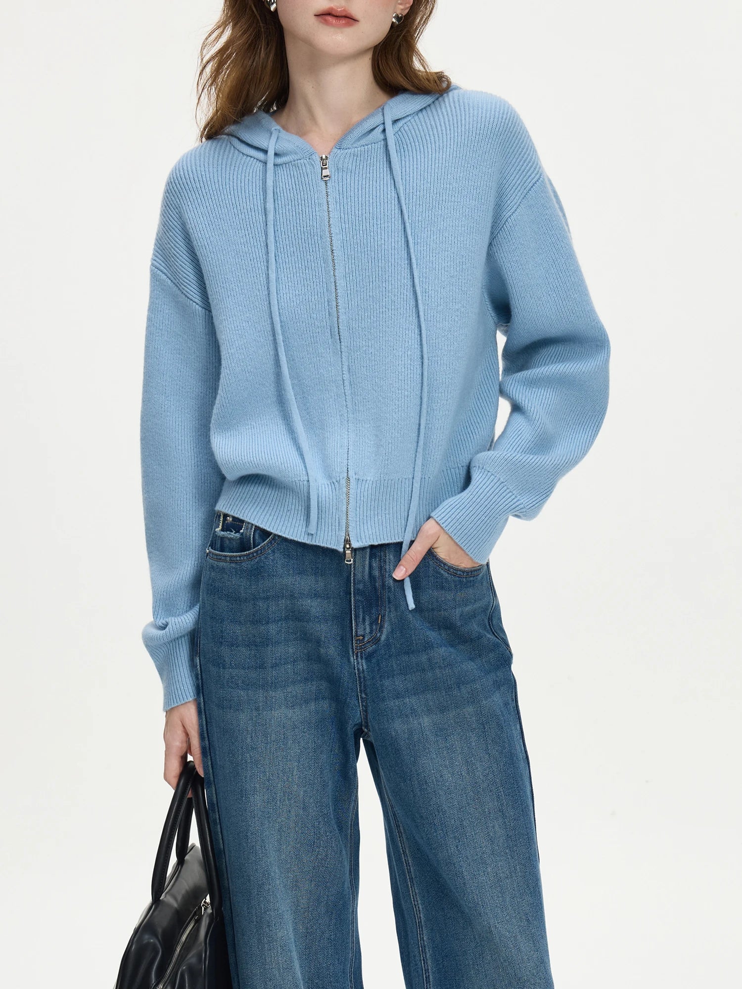 FSLE Office Lady Casual Knitted Hooded Cardigan Jacket for Women 2024 Autumn/Winter New Style Double Headed Zipper Loose