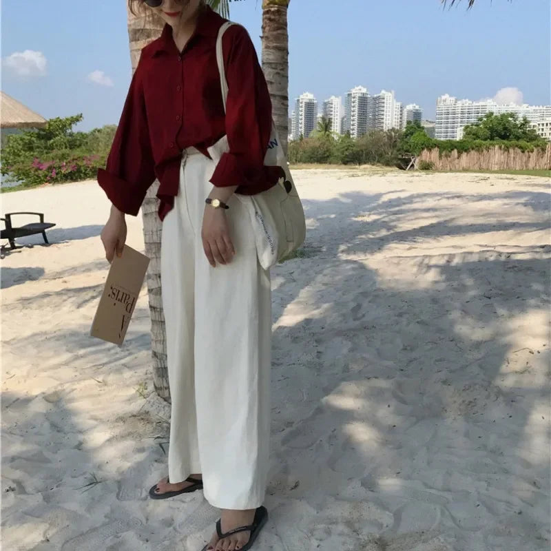 Burgundy Shirts Women Vintage Single Breasted Long Sleeve Baggy Preppy Style Fashion Simple Beach Holiday Korean Retro Oversize