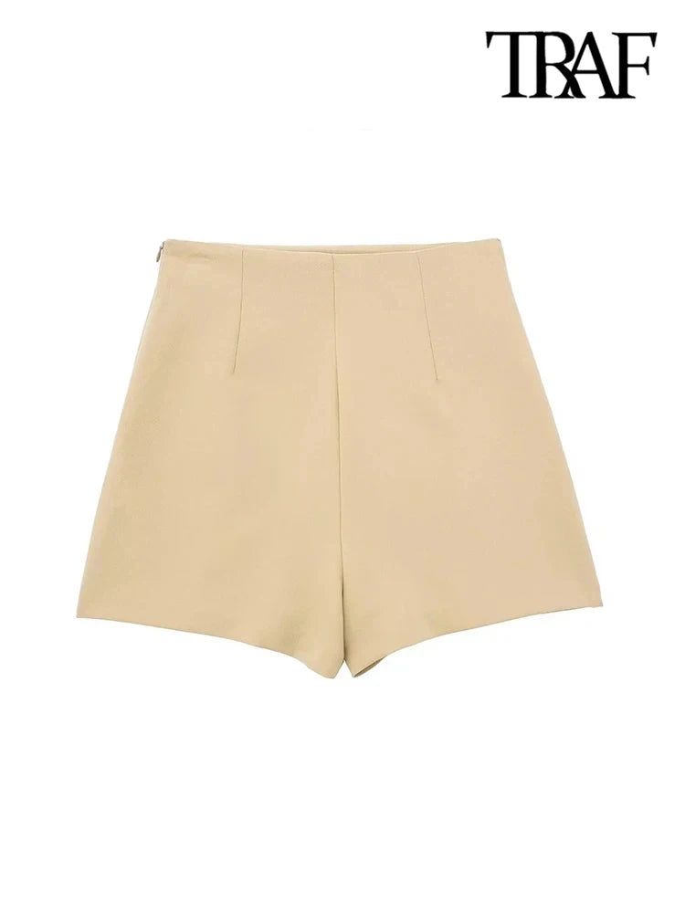 TRAF-Women's Front Slit Shorts Skirts With Side Zipper, High Waist, Female Skort,Fashion