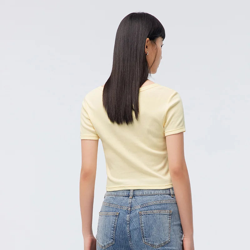 Semir 2024 T-Shirt Women Short-Sleeved Square Collar Embroidered Casual Summer Tight Knitted Sweater Sexy New Style Tee