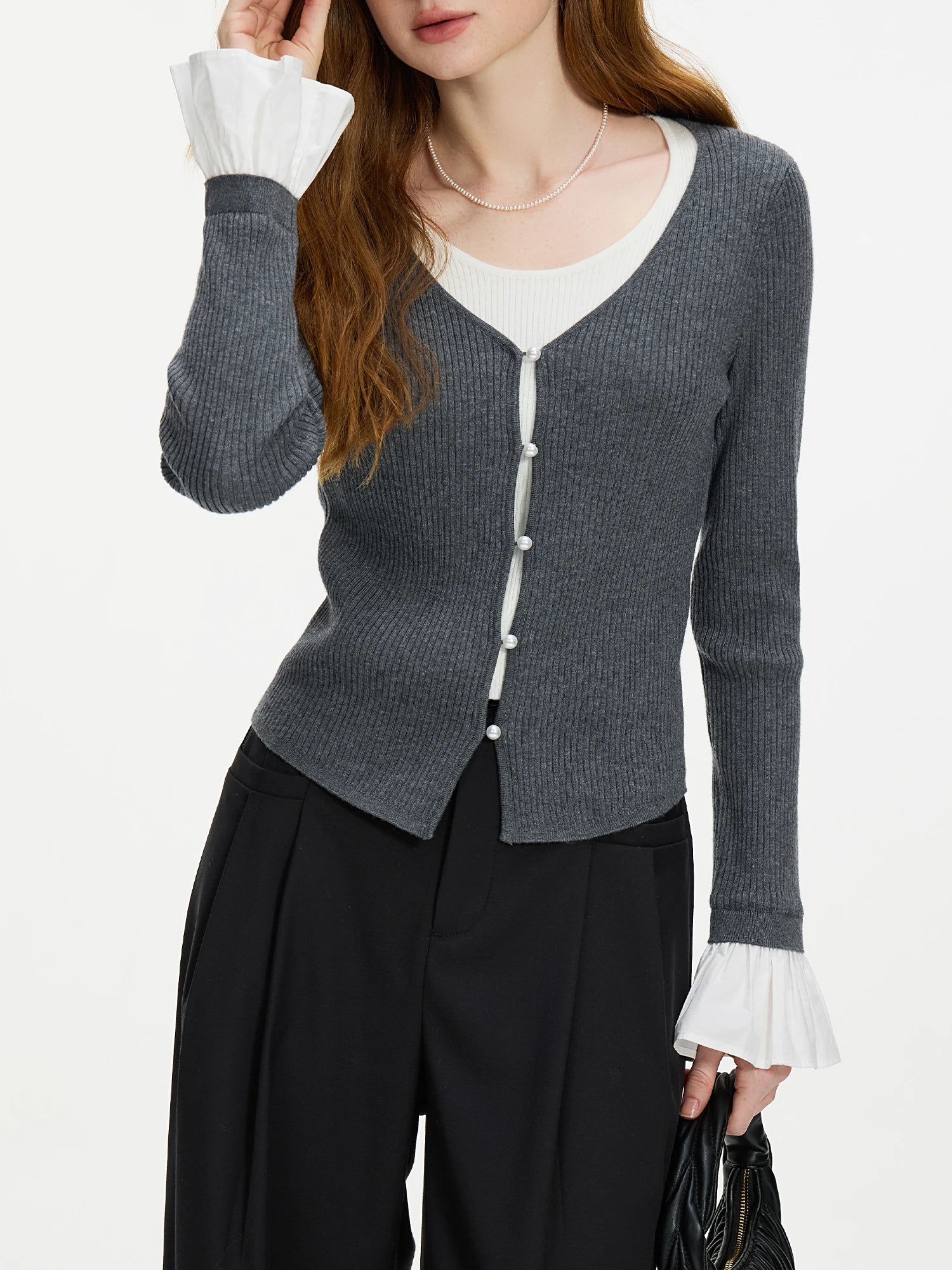 FSLE Fake Two-pieces Contrast Color Stitching Knit Sweater For Women 2024 Autumn Winter All-match Casual Tops 24FS14178