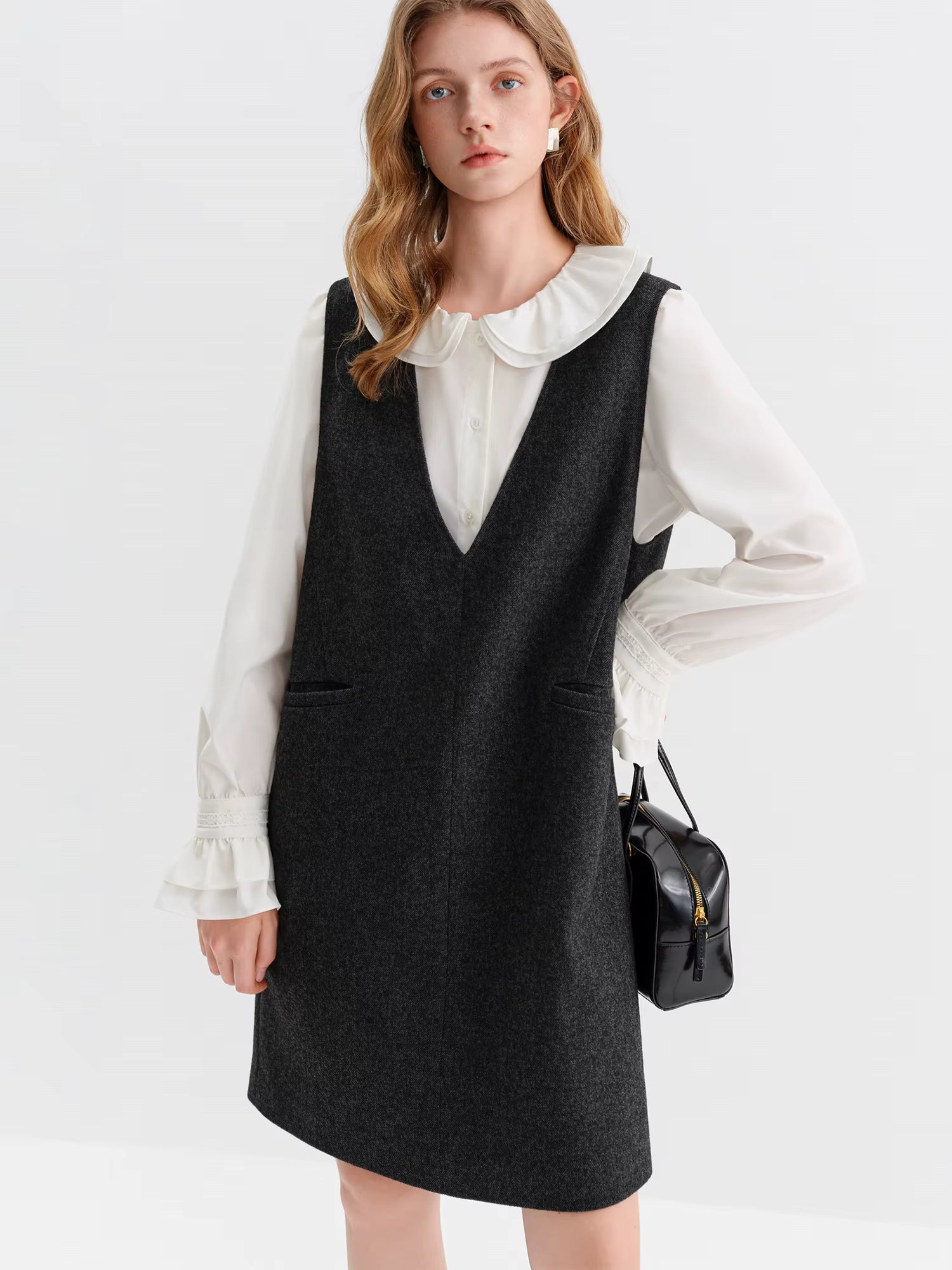 2025 Autumn Winter Women's Sleeveless V-Neck Wool Blend Tank Dress Layering Slip Midaxi Duster Versatile Elegant Linen