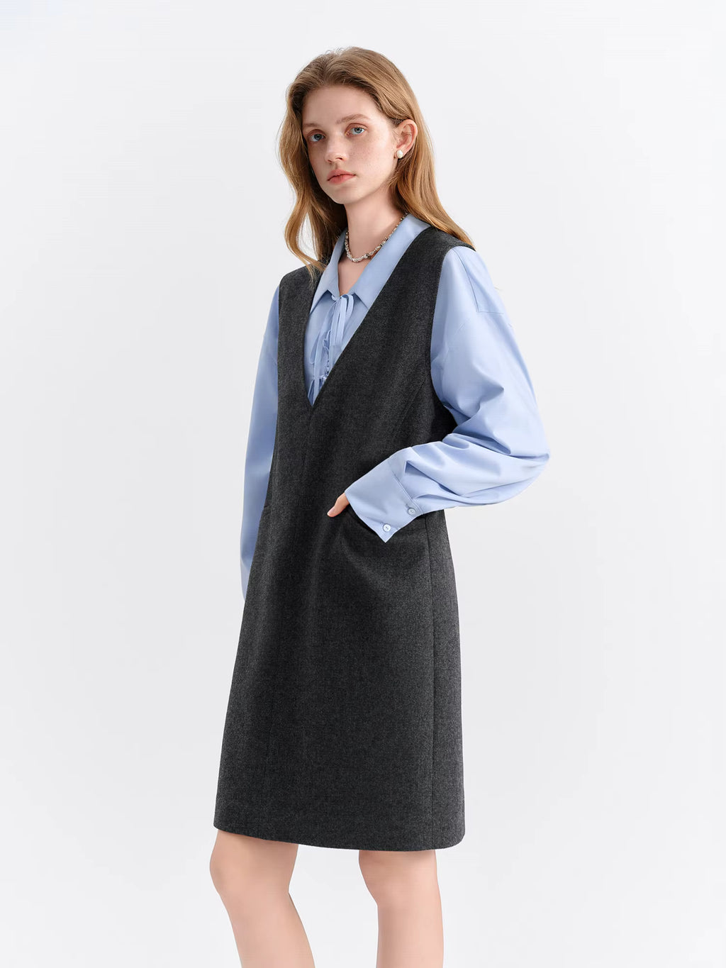 2025 Autumn Winter Women's Sleeveless V-Neck Wool Blend Tank Dress Layering Slip Midaxi Duster Versatile Elegant Linen