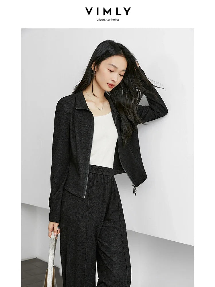 VIMLY Women's Sporty 2 Pieces Pants Sets  Autumn Simple Lapel Top Straight Pant Comfort New Office Lady Matching Sets M9037