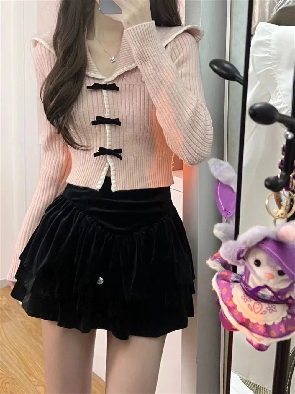 Women Fashion Japanese Style Bow Sweaters Short Length Slim Fit Pink Sweet Cardigan Long Sleeve High Waist Knitted Coats Tops