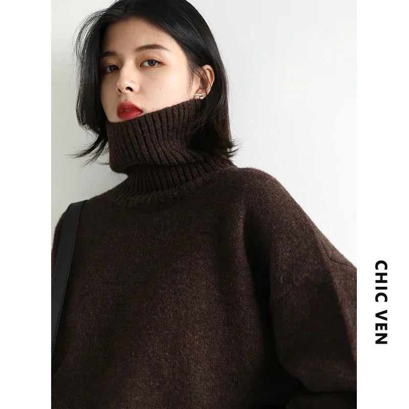 CHIC VEN Korean Women's Sweater Loose Turtleneck Sweaters Warm Solid Pullover Knitwear Basic Female Tops Autumn Winter