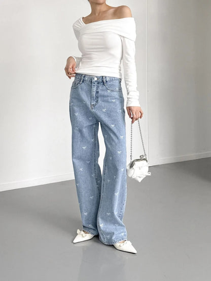 Women Light Blue Jeans Pant Korean Baggy Bow Decorated High Waisted Straight Leg Long Pant Female Casual Printed Button Trousers