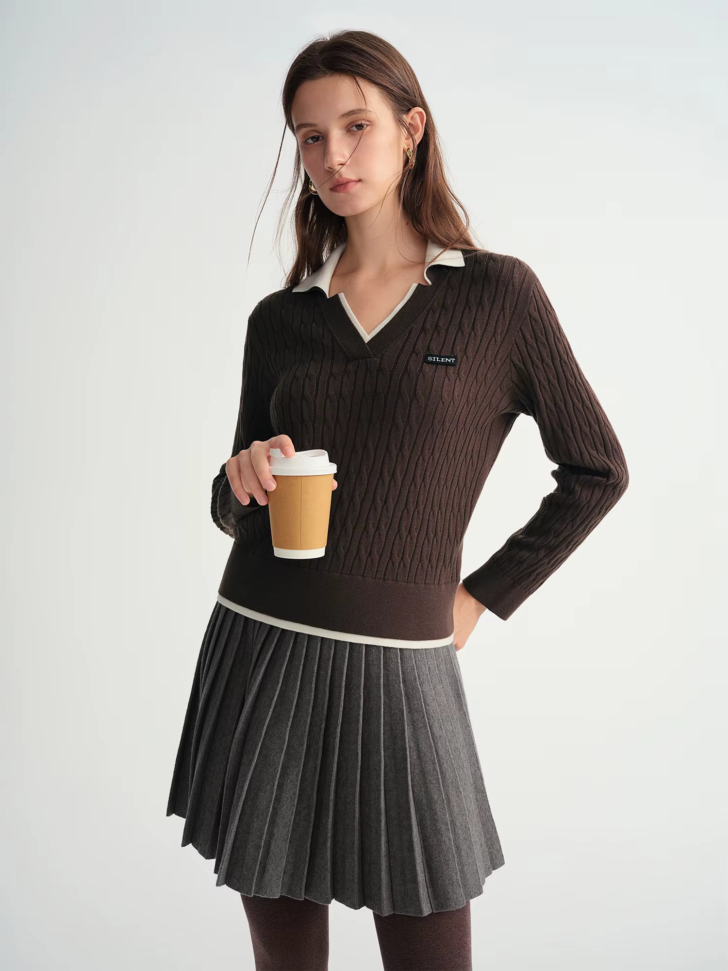 Contrast Color V-neck Cable Knit Sweater 2025 Winter New Products Long Sleeve Pullovers Solid Leisure Korean Style